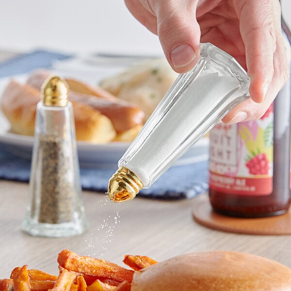 A hand using a Choice Eiffel Tower salt shaker to salt french fries on a plate.