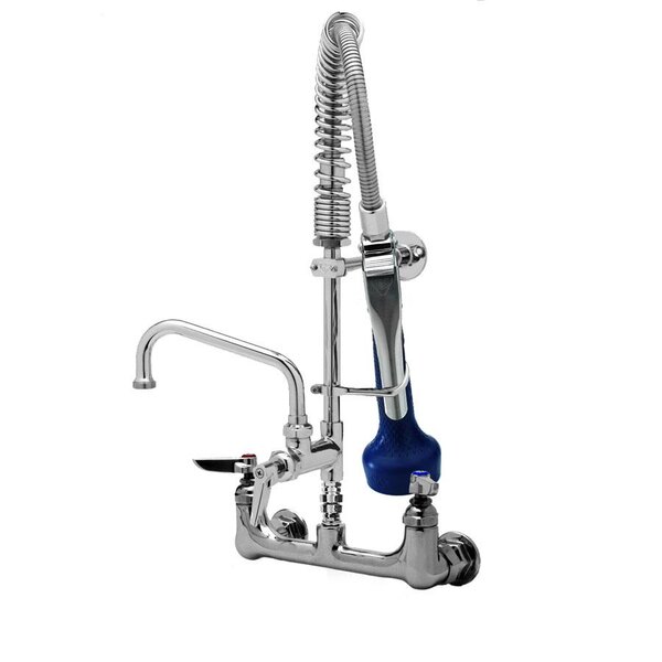 A T&S chrome wall mounted pre-rinse faucet with blue and chrome details.