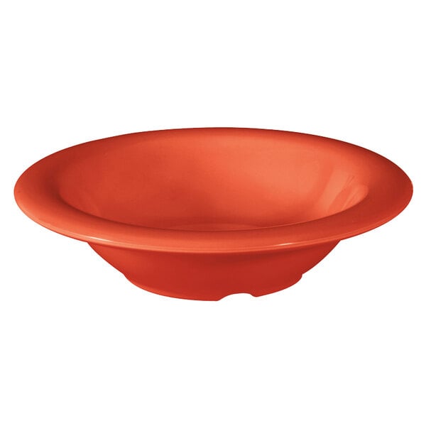A white melamine bowl with an orange rim.