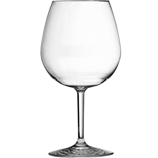 A clear Fortessa Tritan plastic wine glass with a stem.