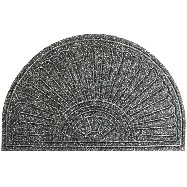 A grey WaterHog Eco Grand half oval door mat with a fan shaped design.