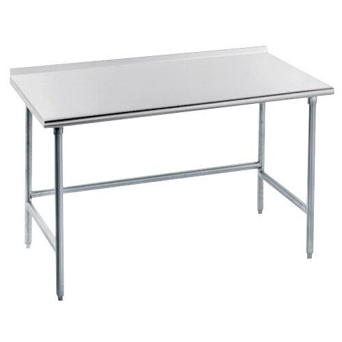 An Advance Tabco stainless steel work table with open base and backsplash.