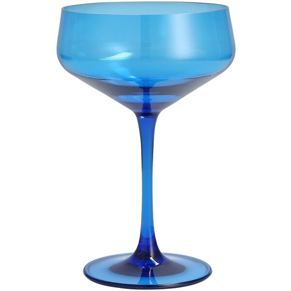A Fortessa blue Tritan plastic coupe glass with a stem.