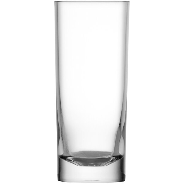 A close-up of a Fortessa Tritan plastic Collins glass with a clear bottom.