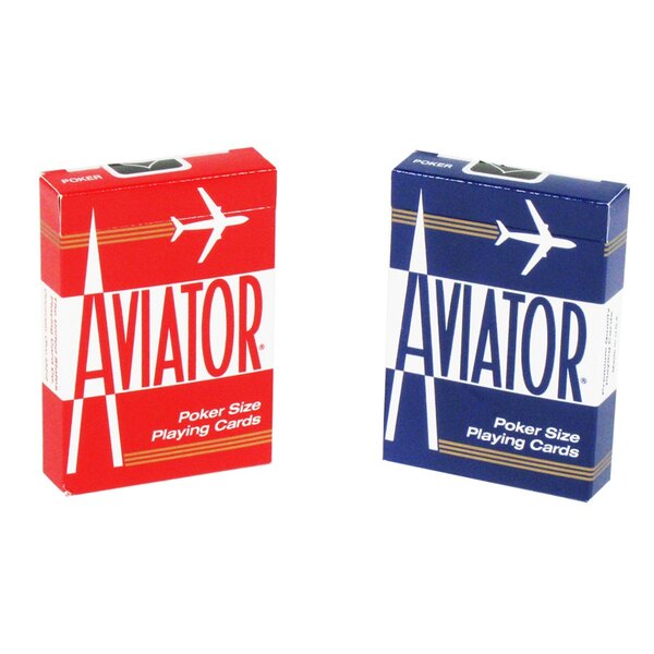 A pair of Aviator playing cards in a red and white box with a white airplane on the front.