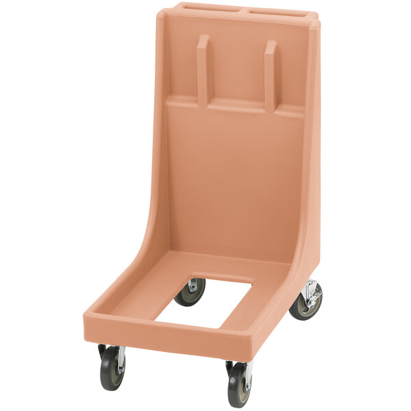 A beige Cambro Camdolly with a handle for Cambro Camtainers and Camcarriers.