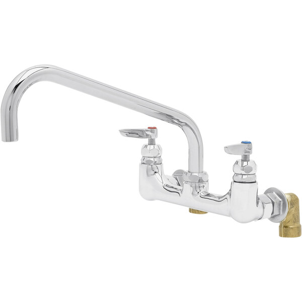 A chrome T&S wall mount faucet with two handles.