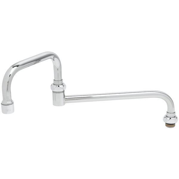 A chrome T&S faucet nozzle with double joint swing arms.