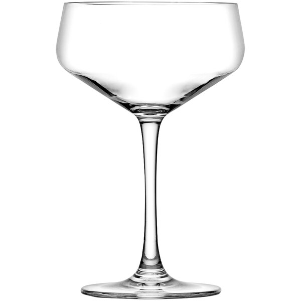 A clear Fortessa Tritan plastic coupe glass with a stem.