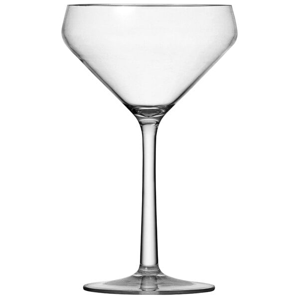 A clear Fortessa Sole Tritan plastic martini glass with a stem.