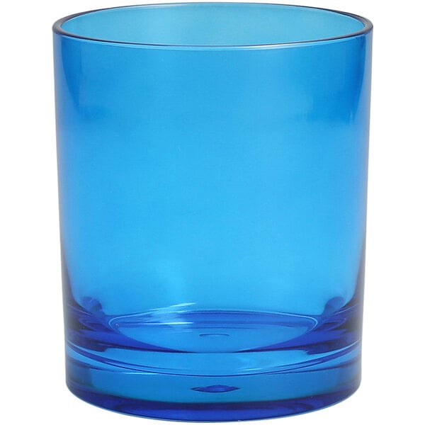 A Fortessa blue Tritan plastic rocks glass with a clear rim.