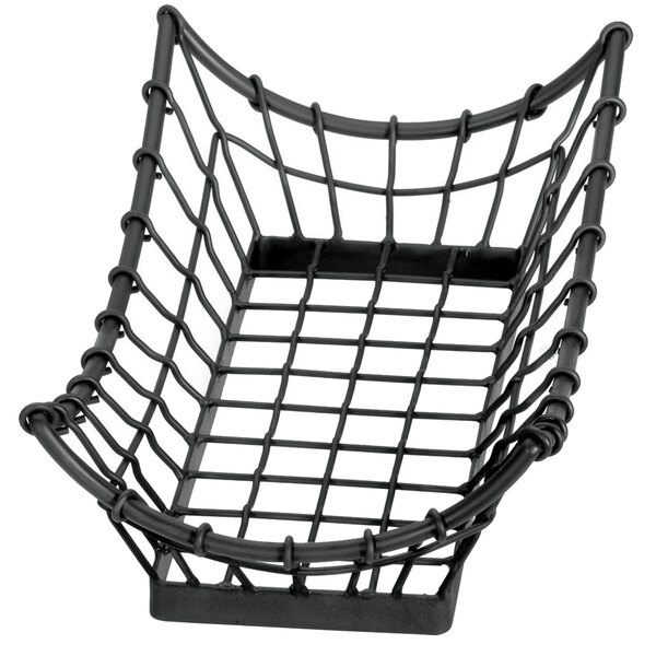 A Tablecraft black metal rectangular basket with a wire handle and curved edge.