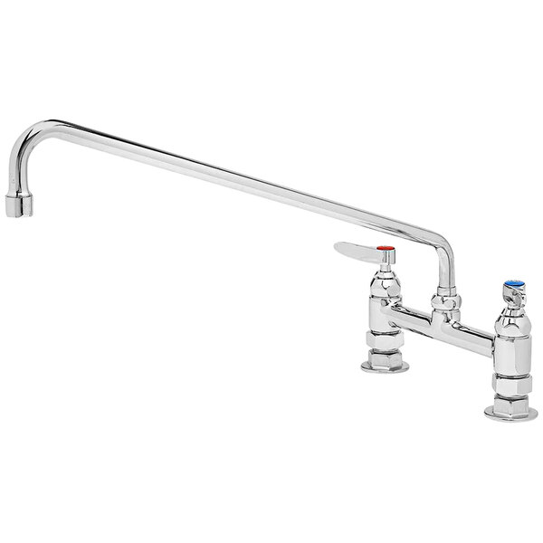 A T&S chrome deck-mounted faucet with lever handles and a long swing nozzle.