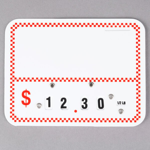 A white rectangular deli tag wheel with red and white checkered labels.
