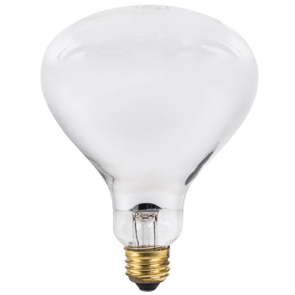 A close-up of a clear Lavex 250 watt infrared heat lamp light bulb with a gold base.