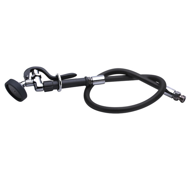 A black hose with a silver metal handle.