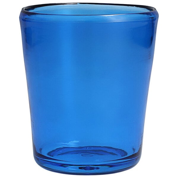 A close up of a blue Fortessa Veranda Tritan plastic rocks glass.