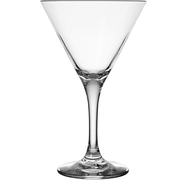 A clear Fortessa Tritan plastic martini glass with a stem.