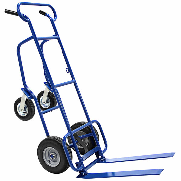 A blue Valley Craft hand truck with black wheels.