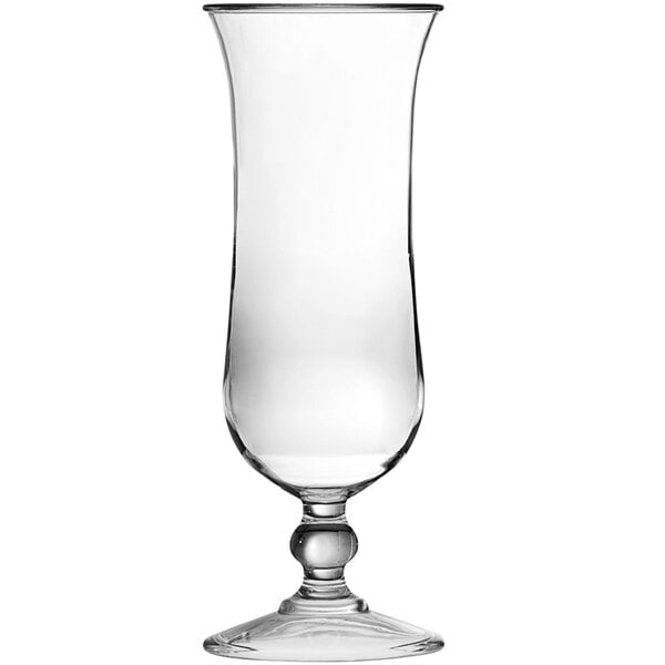 A Fortessa Tritan plastic hurricane glass with a clear stem.