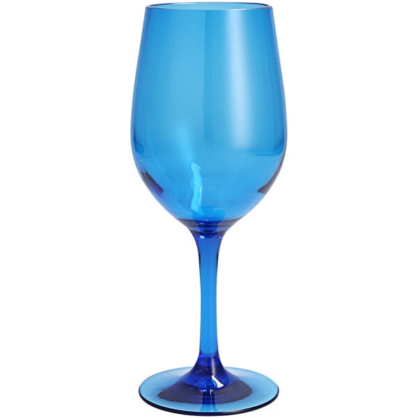 A close-up of a Fortessa blue Tritan plastic white wine glass with a stem.