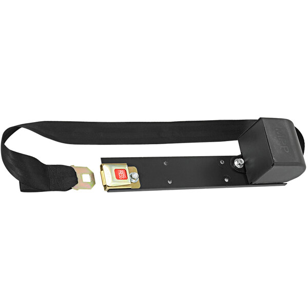 A black strap with a black rectangular metal plate and a metal buckle.
