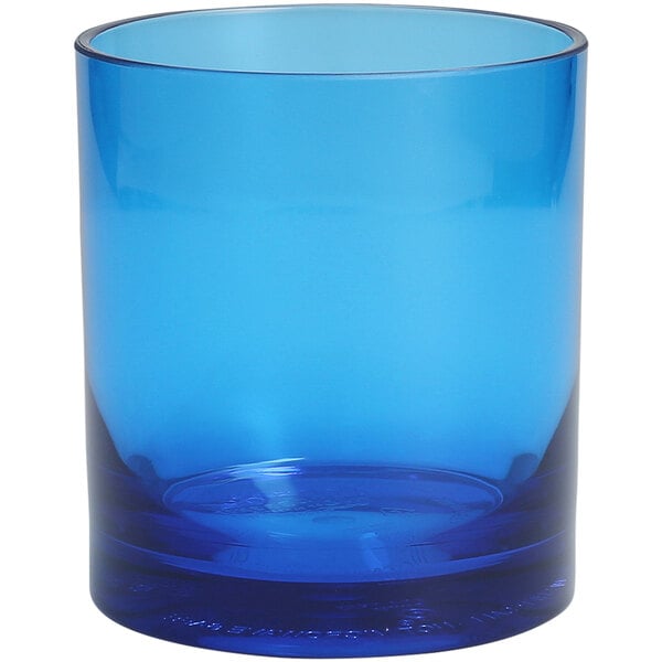 A Fortessa blue Tritan plastic rocks glass.