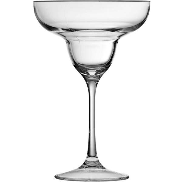 A Fortessa clear Tritan plastic margarita glass with a thin stem and a rim.