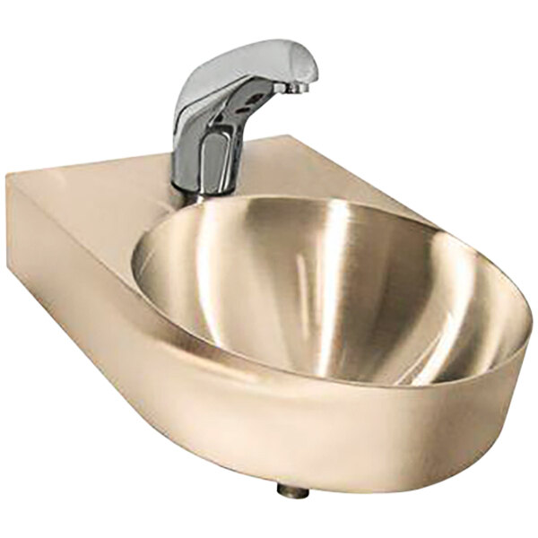 A silver Just Manufacturing wall mounted copper sink with a sensor faucet.