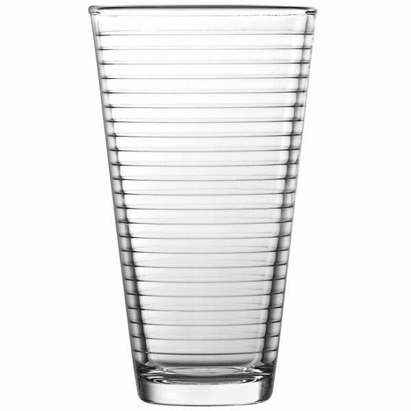 A clear glass with a striped pattern.