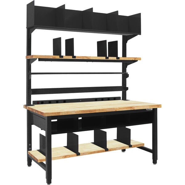 A black and wood BenchPro workbench with shelves.