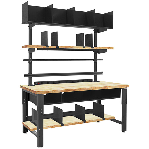 A black and metal workbench with wood shelves.