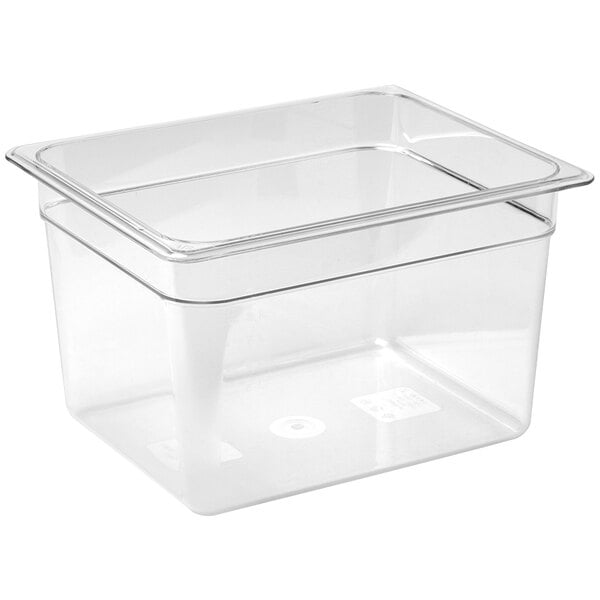 An American Metalcraft clear polycarbonate food pan for wooden crates.