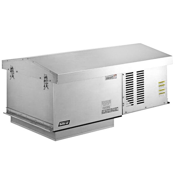 A silver rectangular Turbo Air outdoor refrigeration unit with a metal cover over a vent.