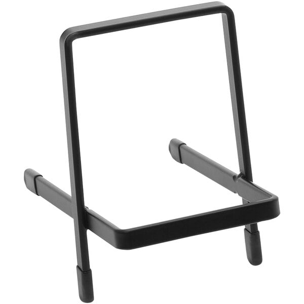 An American Metalcraft black metal display stand on a counter.