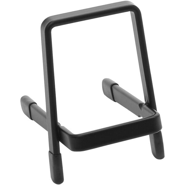 A black metal display stand with a square frame.