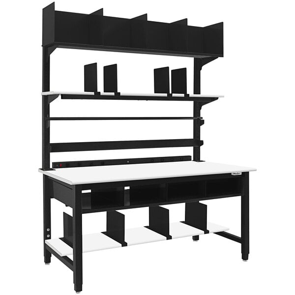 A black and white BenchPro packaging table with shelves.