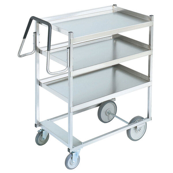 A Vollrath heavy-duty stainless steel 3 shelf utility cart with black handles.