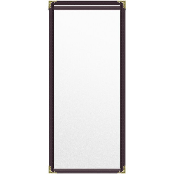 A white rectangular menu cover with black and gold trim.
