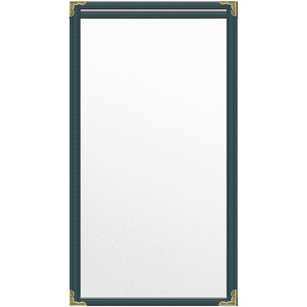 A rectangular white board with gold corners.