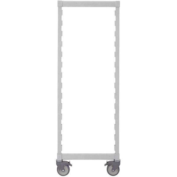 A white metal rectangular frame with wheels.