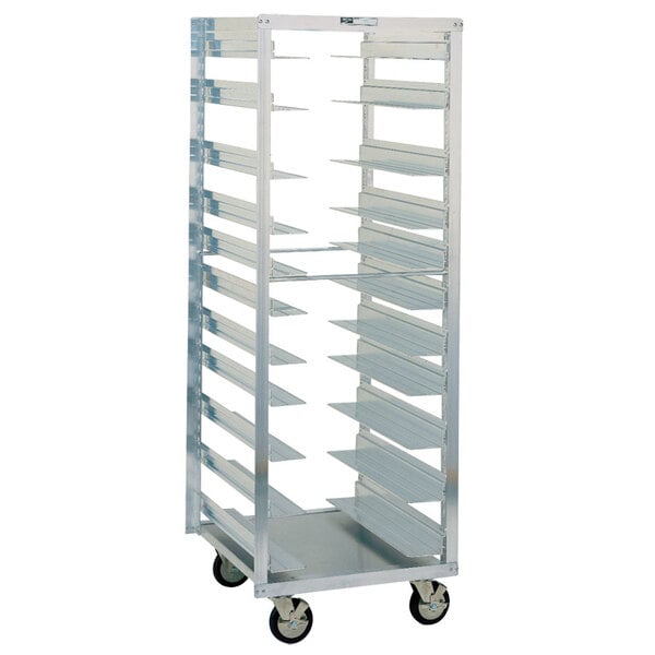 A Metro sheet pan rack with shelves on wheels.