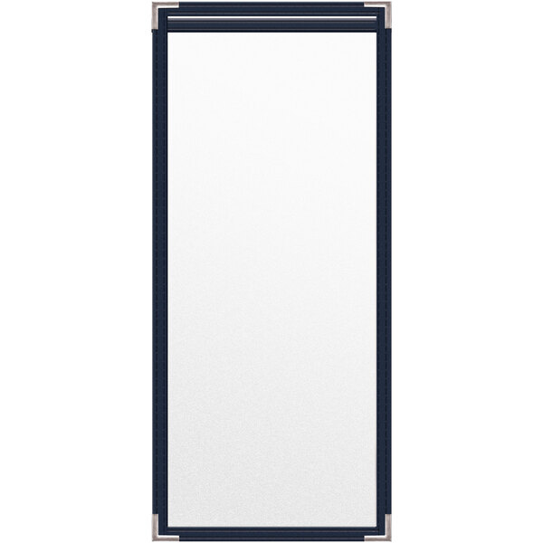A white rectangular menu cover with a blue border.