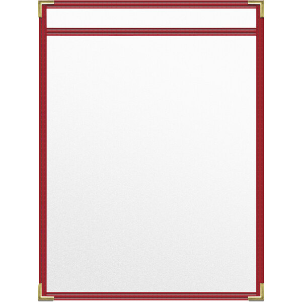 A red rectangular menu cover with white borders and gold corners holding white paper.