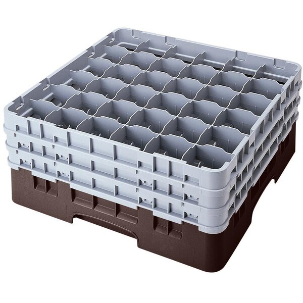 A brown plastic Cambro glass rack with extenders.