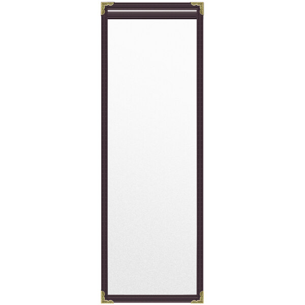 A white rectangular menu cover with black edges and gold corners.
