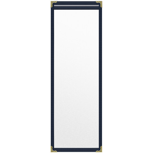 A white rectangular menu cover with black and gold trim.