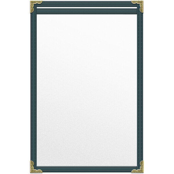 A white menu cover with gold corners.