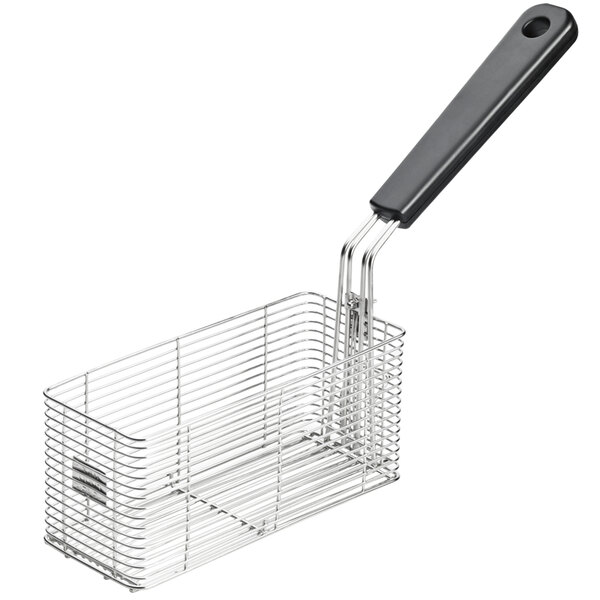 A Waring twin fryer basket with a wire frame and black handle.