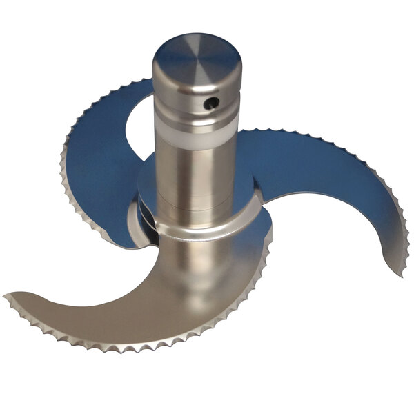 A Robot Coupe adjustable coarse serrated metal blade assembly with a round handle.
